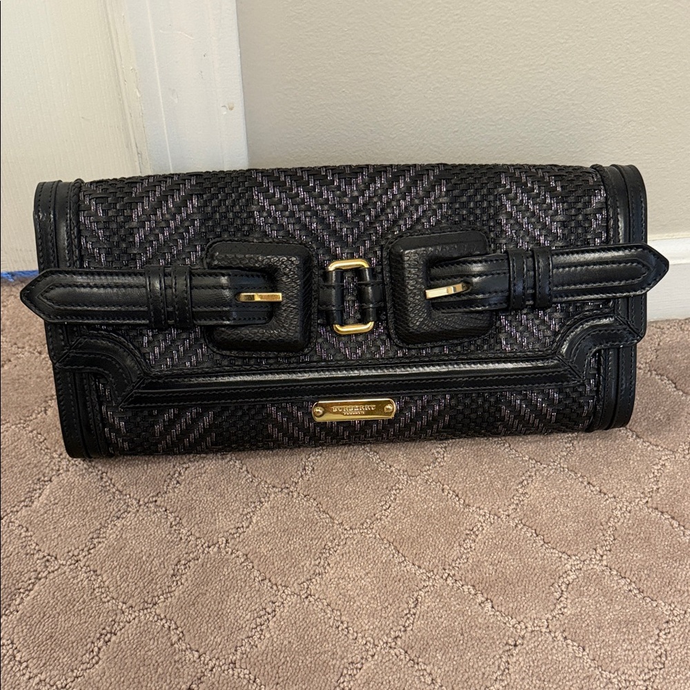 Burberry Black Woven Leather Clutch with Gold Hardware